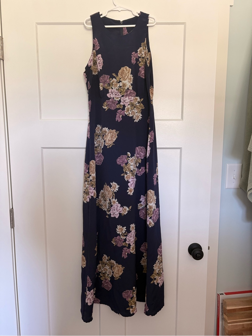 Sleeveless Navy Floral Maxi Dress with Lavender and Cream Blooms